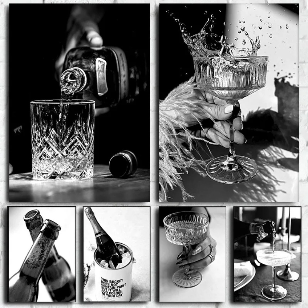 Whisky Beer And Wine - Siyah ve beyaz bar şampanya bira